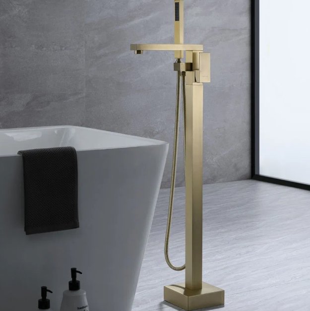 Floor Standing Brushed Gold Brass Bathtub Faucet Mixer